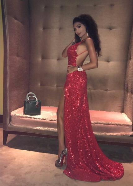 Backless Sequins Red Prom Dress