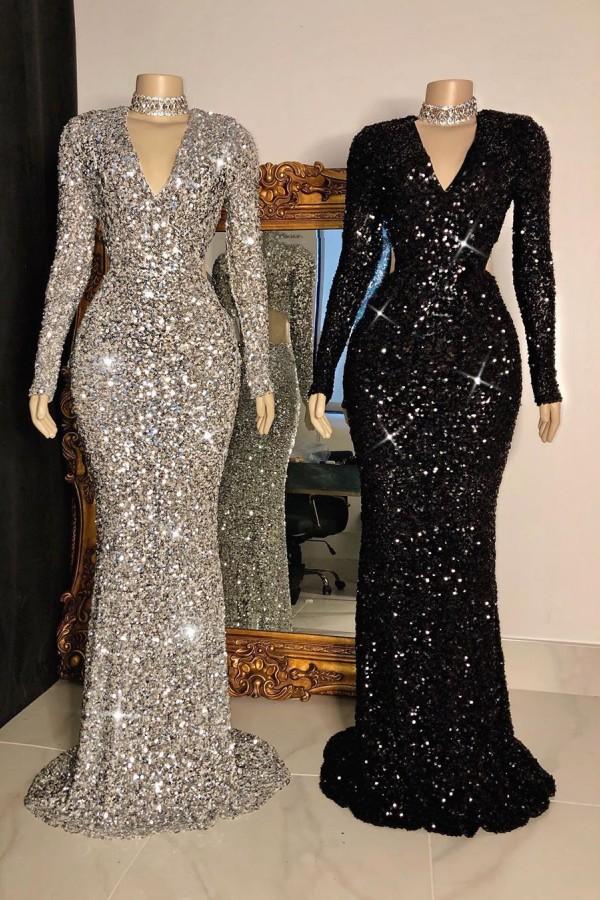 Glittering Long Sleeves Sequins Mermaid Prom Dress V-Neck