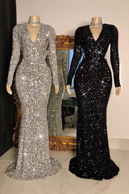Glittering Long Sleeves Sequins Mermaid Prom Dress V-Neck