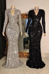 Glittering Long Sleeves Sequins Mermaid Prom Dress V-Neck