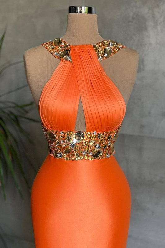 Charming Orange Halter Sleeveless Prom Dress Mermaid With Crystals