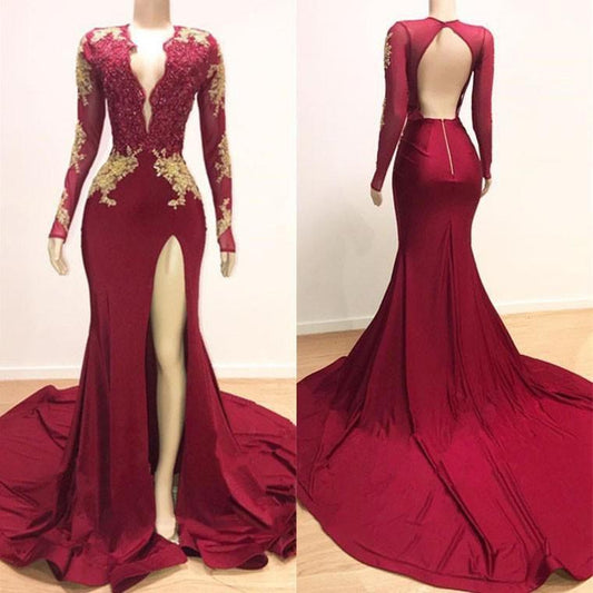 Long Sleevess Lace Appliques Mermaid Prom Dress With Slit