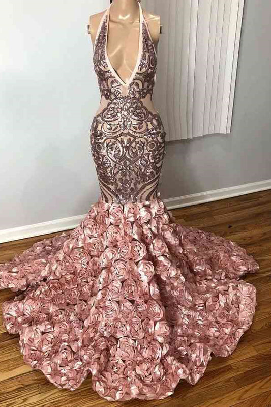 Modern Pink Sleeveless Deep V-Neck Halter Mermaid Prom Dress With Flowers Bottom