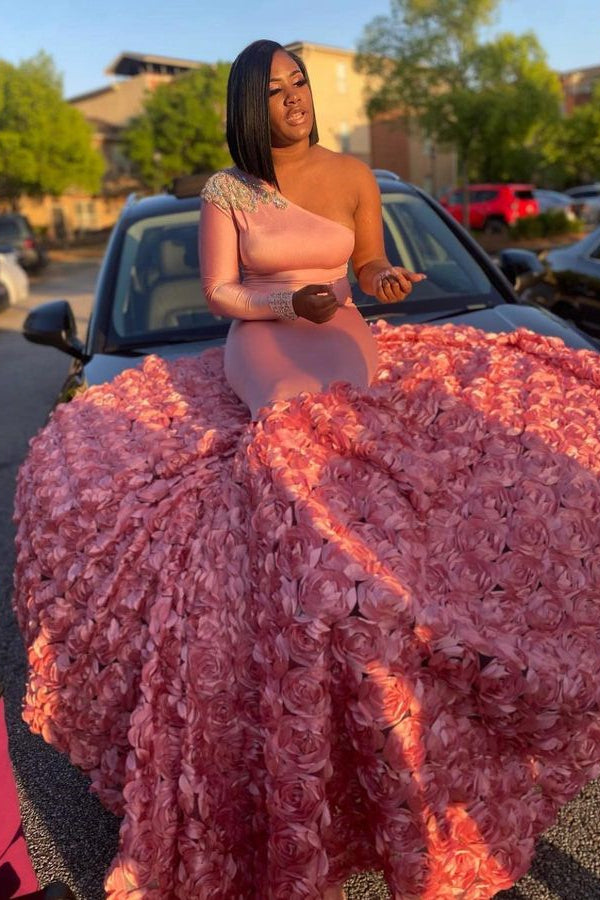 Modern Pink One Shoulder Mermaid Prom Dress With Flowers Bottom