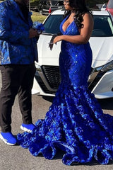 Modern Royal Blue V-Neck Mermaid Prom Dress With Flowers Bottom Sleeveless