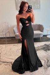 Fuchsia Sleeveless Strapless V-Neck Beaded Split Prom Dress