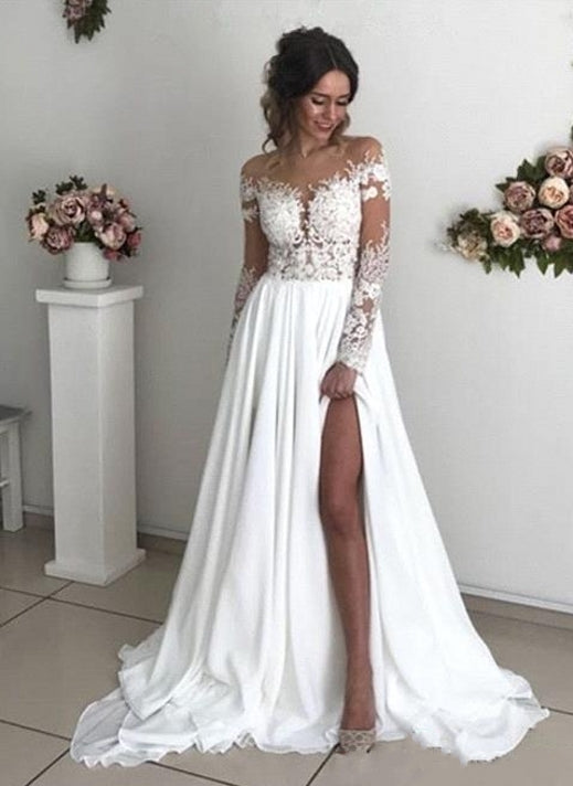 Elegant Long Sleeve Slit A-line Wedding Gown in Chiffon Lace