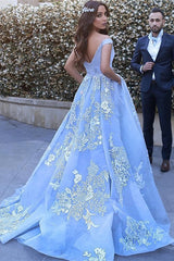 Gorgeous Off-the-Shoulder Baby Blue Prom Dress With Lace Appliques