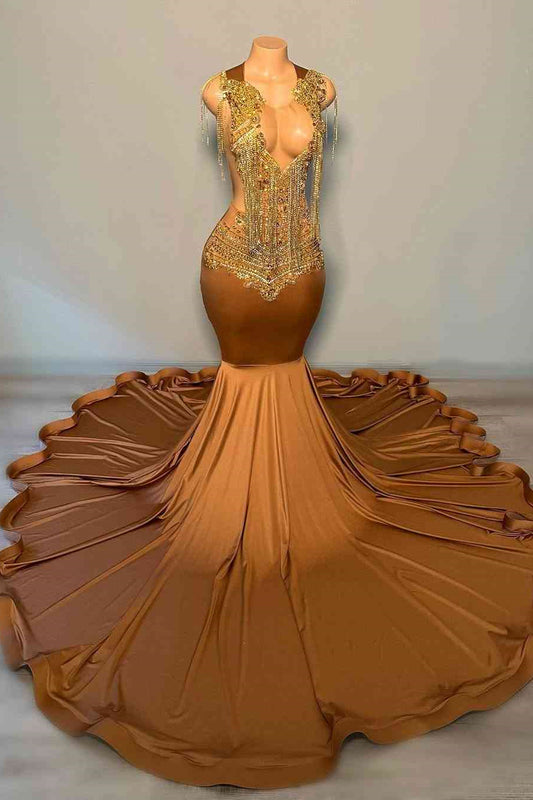 Modern Brown Sleeveless Mermaid Prom Dress With Gold Beadings Tassels