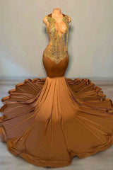 Modern Brown Sleeveless Mermaid Prom Dress With Gold Beadings Tassels