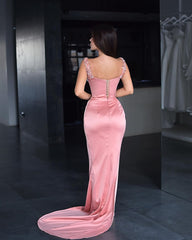 Beautiful Pink Prom Dress Sequins Spaghetti Strap With Slit Satin