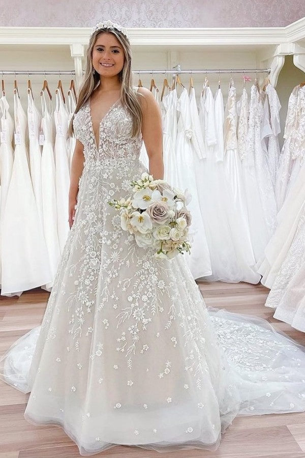 Elegant A-line Lace Wedding Dress with V-neck and Open Back