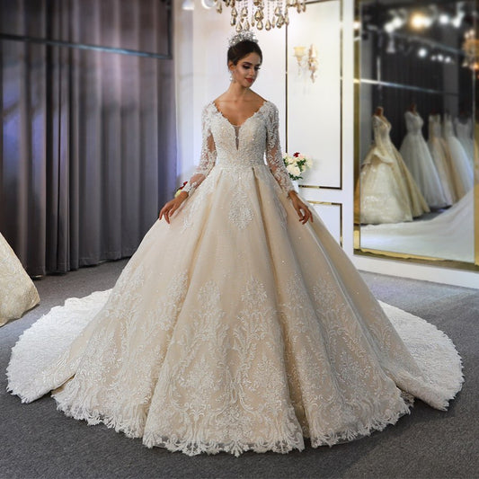 Sweetheart Backless Modest A-Line Wedding Gown with Long Sleeves and Lace Appliques Sequins