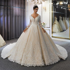 Sweetheart Backless Modest A-Line Wedding Gown with Long Sleeves and Lace Appliques Sequins