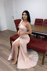 Classy One Shoulder Pink Mermaid Prom Dress With Split Long