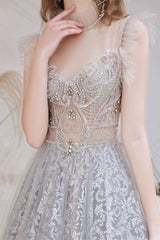Gorgeous Princess Tulle Prom Dress Lace Sheer Top Long With Beads