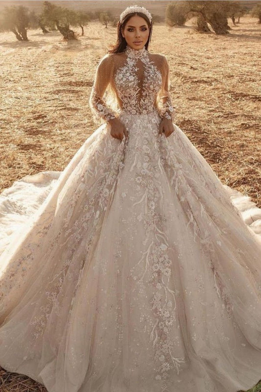 Elegant A-Line Tulle Wedding Gown with High Neck, Long Sleeves, and Lace Appliques