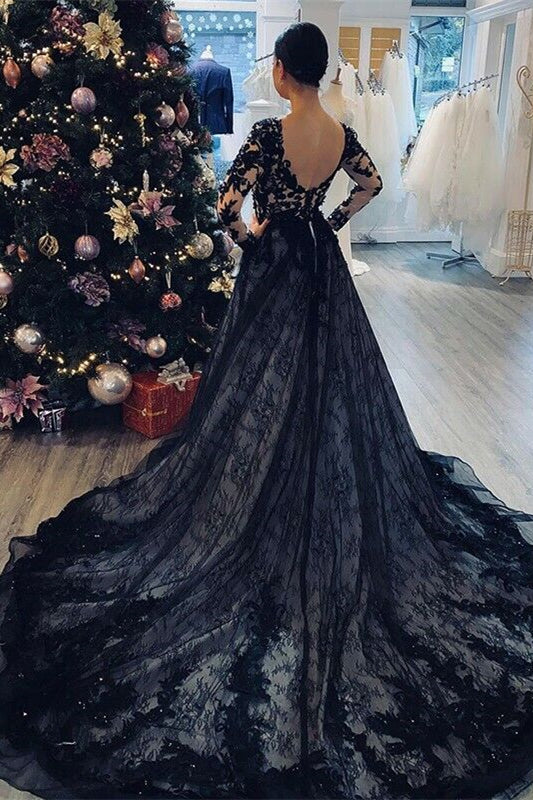 Gorgeous Black Long Sleeves V-Neck Prom Dress With Lace Tulle On Sale