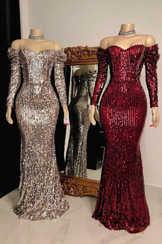 Off-the-Shoulder Long Sleeves Sequins Prom Dress Mermaid Long Evening Gowns
