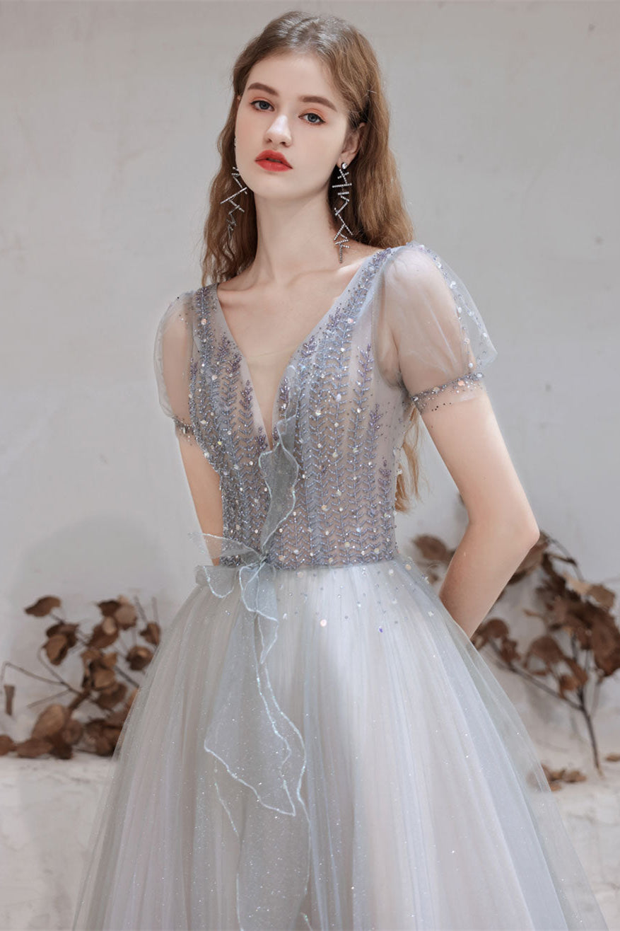 Gorgeous Light Grey Short Sleeve Prom Dress Tulle Long With Beads