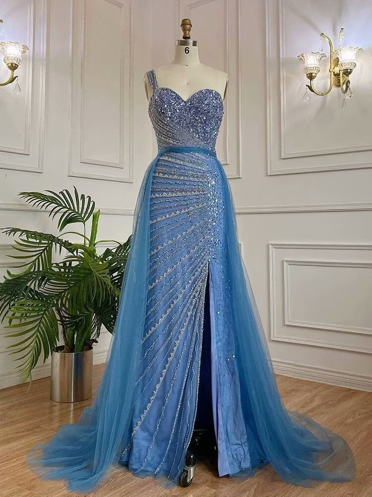 Elegant Sleeveless Mermaid Split One Shoulder Evening Dress Sequins With Tulle Overskirt