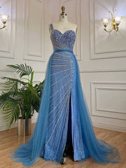 Elegant Sleeveless Mermaid Split One Shoulder Evening Dress Sequins With Tulle Overskirt
