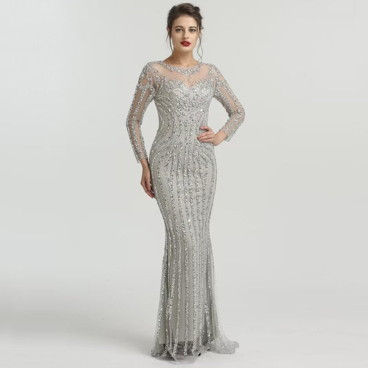 Grey Luxury Long Sleeves Sparkly Evening Dress Mermaid Sexy Diamond Beading Formal Dress