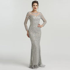 Grey Luxury Long Sleeves Sparkly Evening Dress Mermaid Sexy Diamond Beading Formal Dress