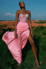 Classic Pink Sweetheart Mermaid Prom Dress Slit With Beads Lace Appliques