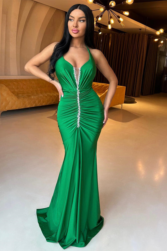 Gorgeous Green Halter Mermaid Prom Dress Beadings With Front Split