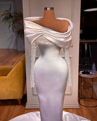Elegant White Evening Dress Long Mermaid Sleeves With Beadings