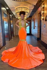 Modern Orange Halter Mermaid Prom Dress Backless With Appliques