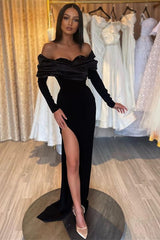 Modest Off-the-Shoulder Black Long Sleeves Prom Dress Mermaid Long With Split