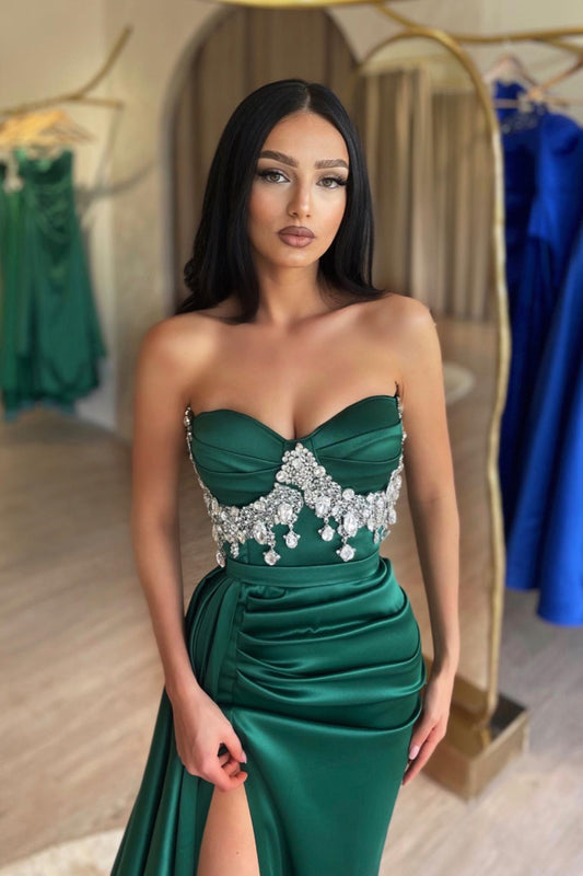 Chic Emerald Green Sweetheart Sleeveless Mermaid Prom Dress Beadings With Split