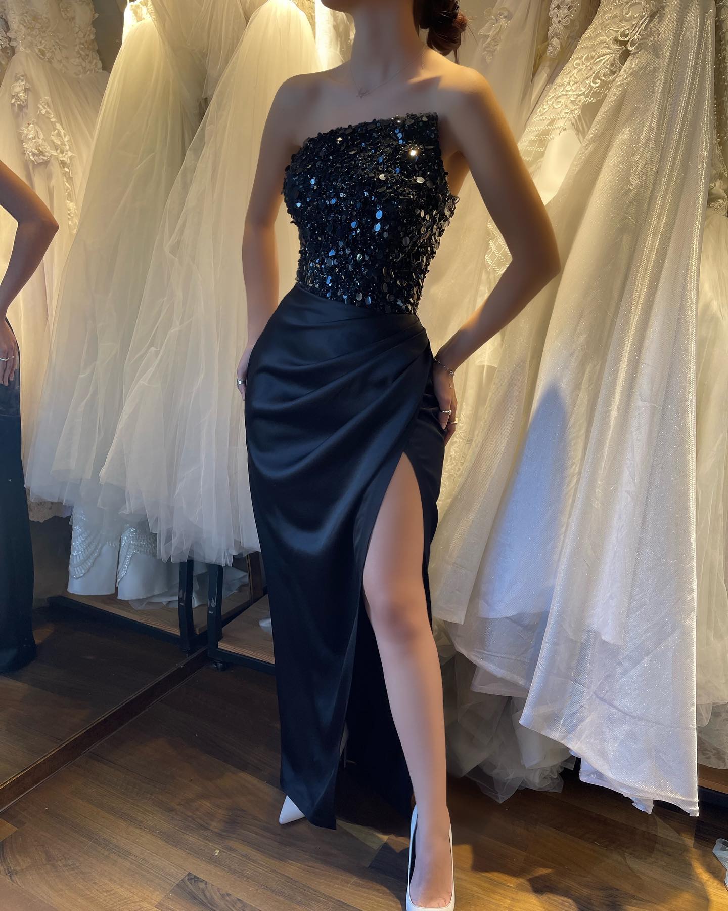 New Arrival Black Strapless Prom Dress Split Long With Sequins Sleeveless