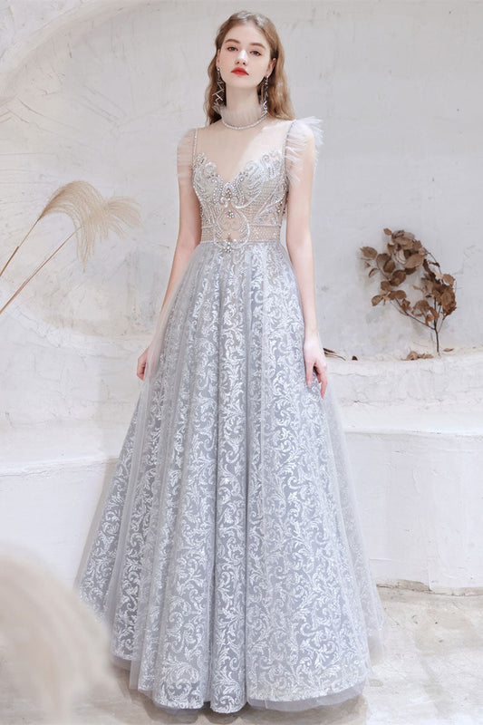 Gorgeous Princess Tulle Prom Dress Lace Sheer Top Long With Beads
