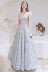 Gorgeous Princess Tulle Prom Dress Lace Sheer Top Long With Beads