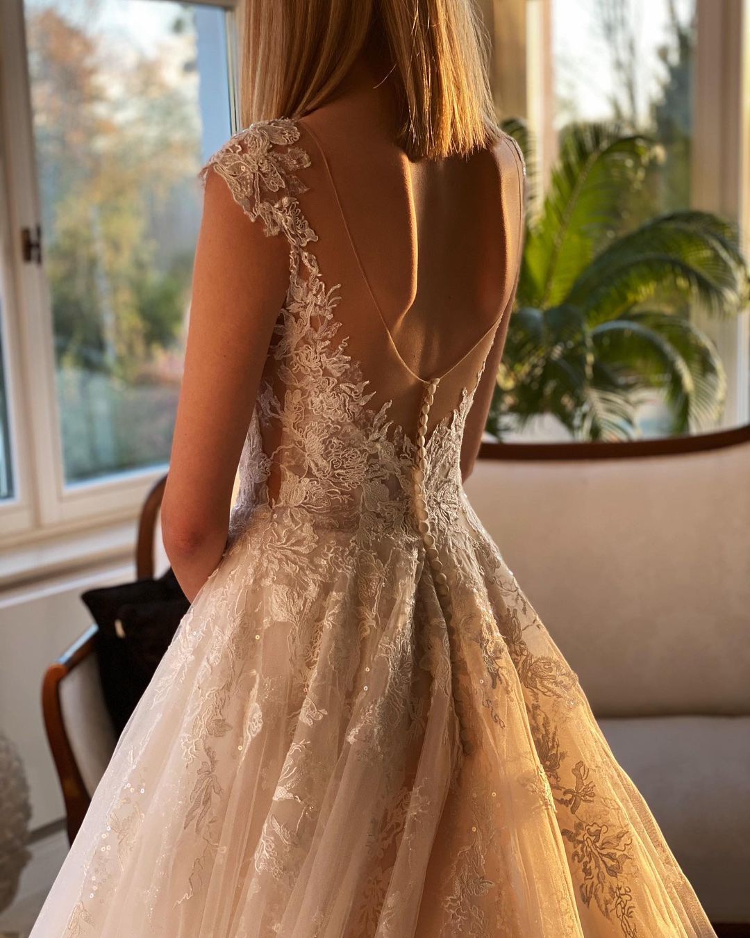 Stunning Backless Lace Bateau Wedding Dress with Appliques and Church Train