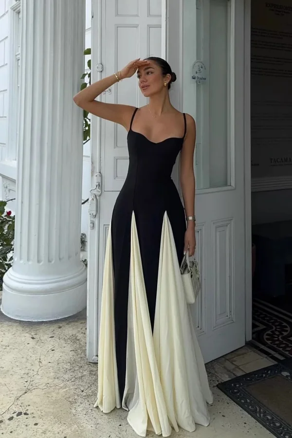Black Ivory Spliced Sleeveless Spaghetti Straps A-Line Prom Dress