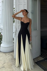 Black Ivory Spliced Sleeveless Spaghetti Straps A-Line Prom Dress