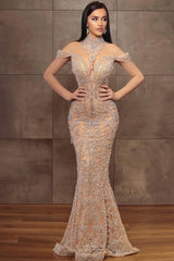 Off-the-Shoulder V-Neck Long Prom Dress Sleeveless with Beadings