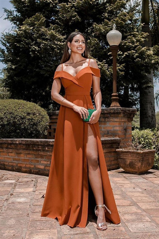 Burnt Orange Off-the-Shoulder Evening Dress Spaghetti-Straps Split Sweetheart Online