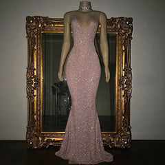 Classic Spaghetti-Straps Sequins Prom Dress Mermaid Sleeveless