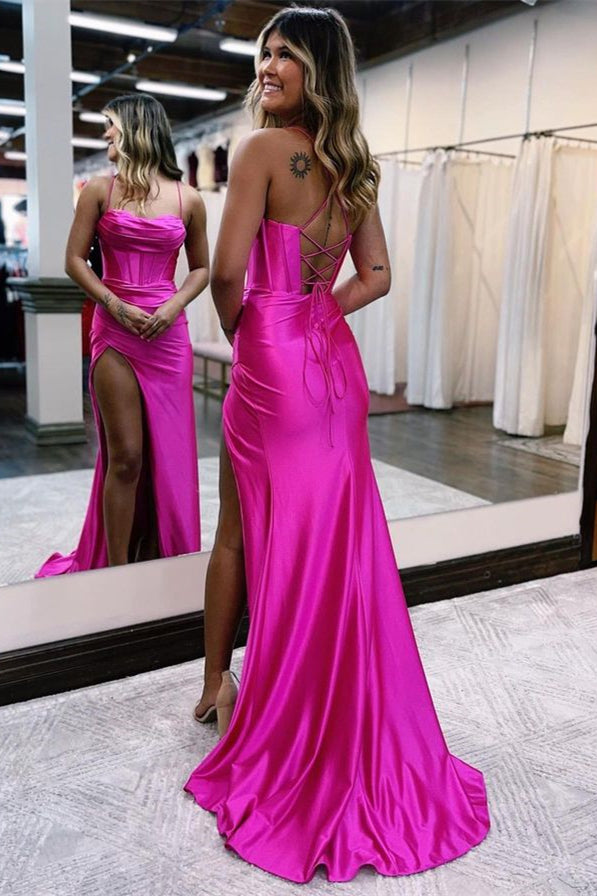 Elegant Spaghetti-Straps Sleeveless Prom Dress Mermaid High Split Strings Back