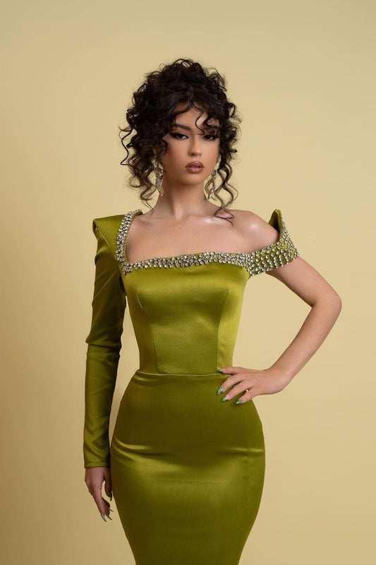 Sage Green Prom Dress Charmeuse One Shoulder Mermaid Beaded With Slit