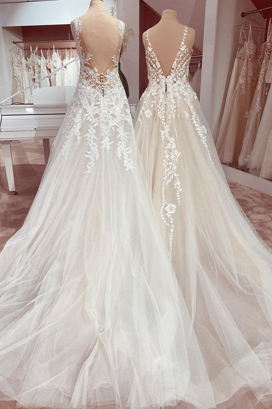 Elegant Floor-length A-Line Wedding Dress in Deep V-neck with Lace and Tulle Appliques