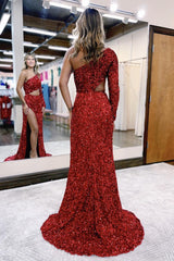 Burgundy Long Mermaid Evening Dress One shoulder Sequins