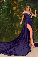  Gorgeous Red Beadings Prom Dress V-Neck Off-the-Shoulder High Slit