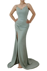 Green Prom Dress Spaghetti Strap With Pleated Slit
