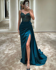 Sweetheart Sleeveless Spaghetti Strap Beads Mermaid Prom Dress